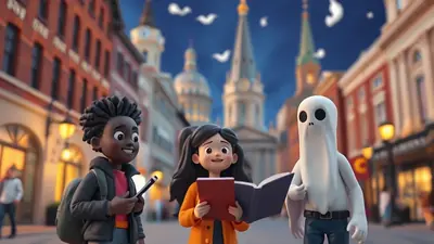 Three cartoon characters, two children and a ghost, stand on a street at dusk, looking at a book. The child on the left has dark skin and dreadlocks, wearing a backpack and holding a pen. The child in the middle has dark hair in pigtails and wears an orange jacket, holding an open book. The ghost on the right is white with black eyes and wears jeans and a belt.