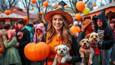 A smiling woman in a witch costume holds a pumpkin and two small dogs at a Halloween festival, with other people in costumes and orange balloons in the background.