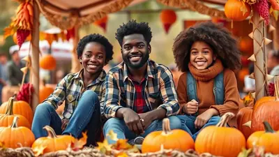 A Black father and his two children are smiling and sitting in front of a display of pumpkins, likely at a fall festival or pumpkin patch.