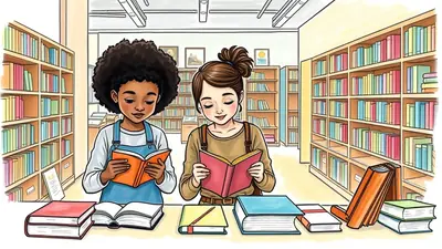 Two young girls are engrossed in reading books at a table in a library, surrounded by shelves filled with colorful books.