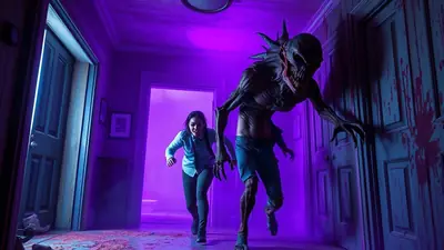 A terrifying, gaunt monster with sharp teeth and claws lunges down a hallway towards a frightened young woman, illuminated by eerie purple light.