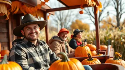 A man in a cowboy hat and plaid shirt smiles at the camera, sitting in a wagon filled with pumpkins. Two other people are visible in the background, also in a wagon decorated with fall foliage.