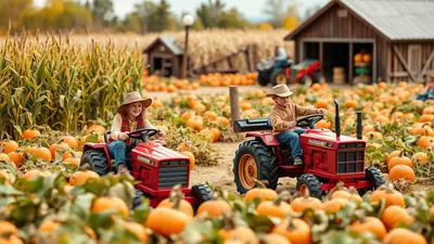 Two children wearing cowboy hats ride red toy tractors through a pumpkin patch, with a cornfield and barn in the background.