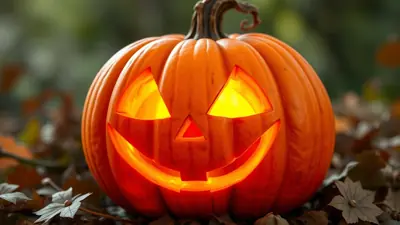 A carved, glowing jack-o'-lantern sits on a bed of fallen autumn leaves, its triangular eyes and wide, smiling mouth illuminated from within, creating a festive and spooky Halloween atmosphere.