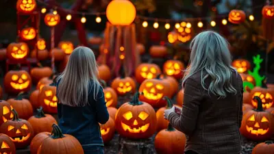 Two young girls with blonde hair are looking at a display of carved and lit jack-o'-lanterns at dusk, with strings of orange lights overhead.