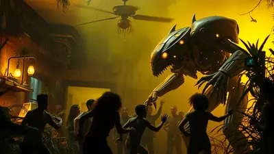 A giant, menacing robot with glowing orange eyes looms over a group of terrified people in a dimly lit, overgrown room. The robot's metallic body is detailed with sharp angles and glowing accents, while the people are silhouetted against the eerie yellow light, some reaching out in fear or surprise.