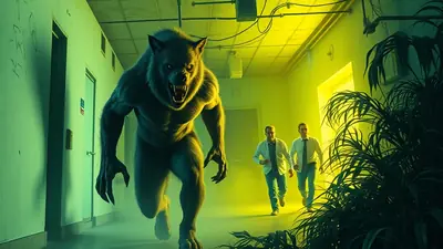 A terrifying werewolf lunges down a dimly lit hallway towards two men in suits who are running away in fear. The scene is illuminated by eerie green and yellow lighting, creating a suspenseful and frightening atmosphere.