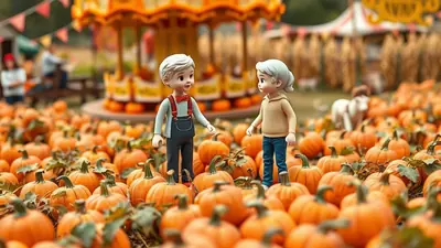 Two cartoon children stand in a pumpkin patch with a carousel in the background, surrounded by many pumpkins.