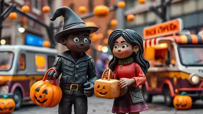 Two cartoon children, one dressed as a witch and the other in a red sweater, stand on a street decorated for Halloween, holding jack-o'-lantern candy buckets. Food trucks and pumpkins are visible in the background, creating a festive autumn atmosphere.