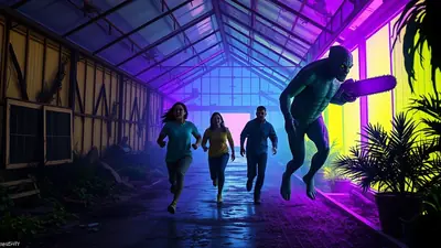 A green, monstrous creature with glowing eyes and a chainsaw chases three people through a dimly lit greenhouse with purple and yellow lighting.