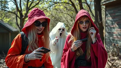 Two young women in red hooded cloaks and sunglasses are looking at their phones, while a person in a white ghost costume with a screaming face stands behind them, pointing.