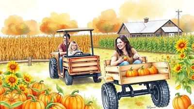 A family enjoys a fall outing, with a father and daughter in one wagon and a mother in another, surrounded by pumpkins, sunflowers, and a cornfield with a barn in the background.