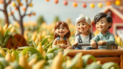 Three cartoon children, two girls and one boy, ride in a wooden cart through a cornfield. The children are smiling and appear to be enjoying a sunny day at a farm, with a red barn in the background and festive lights strung overhead.