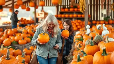 A woman with blonde hair and a red scarf smiles as she holds a small pumpkin, while a younger girl behind her holds another pumpkin at a pumpkin patch.