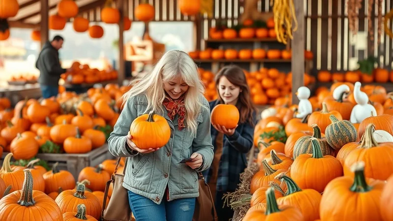 A woman with blonde hair and a red scarf smiles as she holds a small pumpkin, while a younger girl behind her holds another pumpkin at a pumpkin patch.