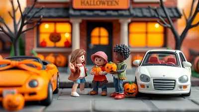 Three children, two holding pumpkins, stand in front of a Halloween-themed building with two toy cars and pumpkins scattered around.