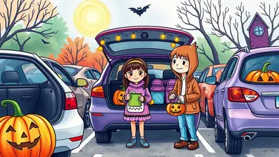 Two children, a girl and a boy, are standing next to the open trunk of a purple car, holding candy buckets and looking at the camera. They are at a Halloween event, possibly a trunk-or-treat, with other cars and pumpkins visible in the background. The scene is festive and autumnal, with a bat flying in the sky.