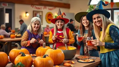 Four women in witch hats and Halloween costumes are gathered around a table with pumpkins and pizza, smiling and holding drinks.