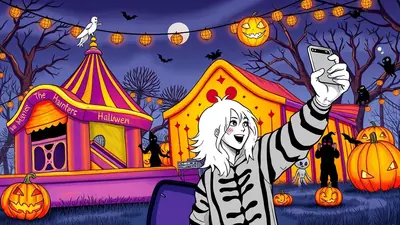 A person with white hair and a striped shirt takes a selfie in front of a Halloween-themed bouncy castle with pumpkins and spooky figures in the background.