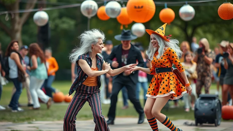 Two women with white hair are dancing at an outdoor Halloween party. One woman wears a witch hat and an orange and black polka dot dress, while the other wears a striped vest and pants. They are holding hands and smiling, with disco balls and jack-o'-lanterns hanging in the background.