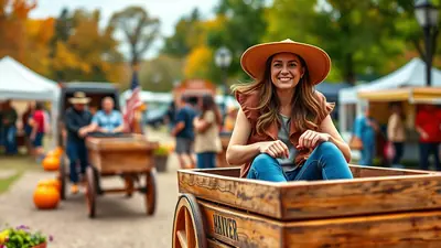 A smiling woman wearing a wide-brimmed hat and a brown vest sits in a wooden wagon at an outdoor autumn festival.