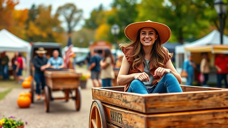 A smiling woman wearing a wide-brimmed hat and a brown vest sits in a wooden wagon at an outdoor autumn festival.
