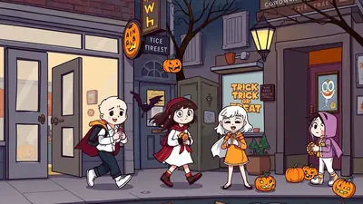 Four children in Halloween costumes are trick-or-treating on a street at night, holding candy and surrounded by pumpkins and spooky decorations.