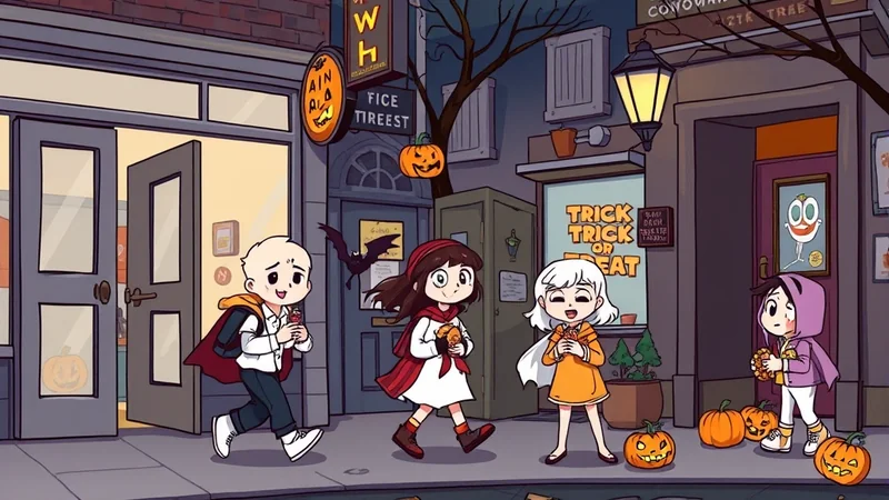 Four children in Halloween costumes are trick-or-treating on a street at night, holding candy and surrounded by pumpkins and spooky decorations.