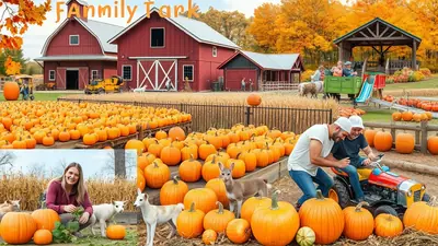 A family enjoys a sunny autumn day at a pumpkin patch, with a large field of pumpkins in the foreground, red barns and colorful fall foliage in the background, and people riding a tractor and a hayride.