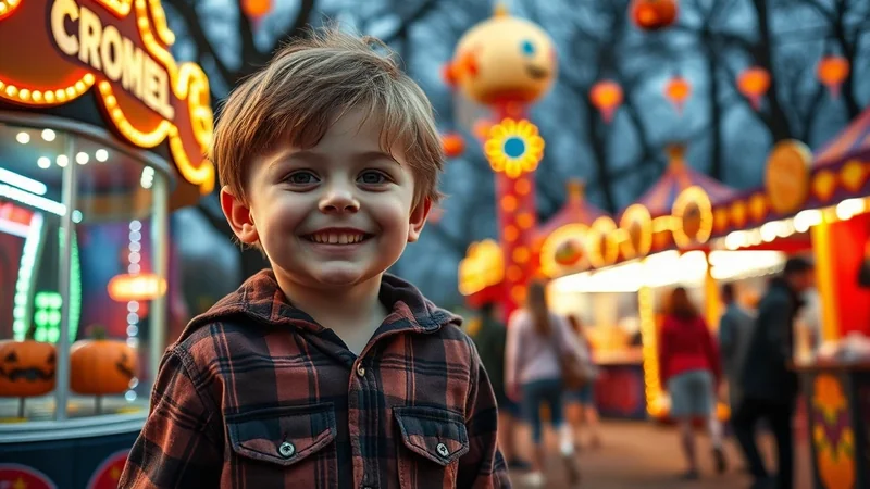 A young boy with a wide smile and tousled brown hair, wearing a plaid shirt, stands in front of a brightly lit carnival or fairground at dusk. The background features colorful tents, glowing lights, and decorative pumpkins, suggesting a festive Halloween atmosphere.