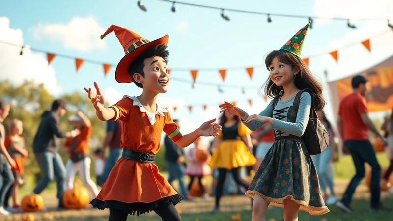 Two children in Halloween costumes, a boy dressed as a wizard and a girl as a witch, are dancing and laughing at an outdoor Halloween festival. Orange bunting hangs in the background, and pumpkins are scattered on the grass.