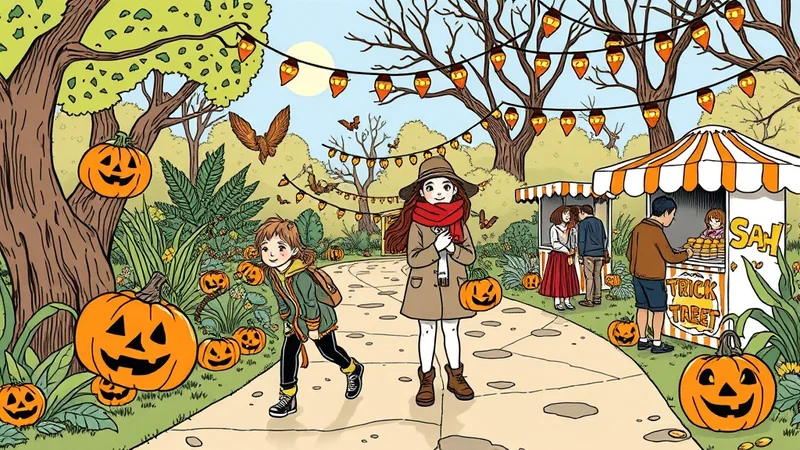 A festive Halloween scene in a park with two children walking on a path, surrounded by pumpkins and autumn decorations. In the background, people are buying treats from a stall under strings of festive lights.