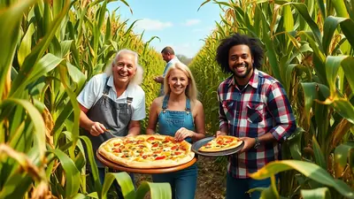 Three smiling people stand in a cornfield, holding pizzas. The person on the left, an older man with white hair, wears overalls and holds a large pizza. A woman in denim overalls stands in the middle, and a man with dark curly hair in a plaid shirt holds a smaller pizza on the right. Another man is visible in the background of the cornfield.