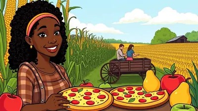 A smiling Black woman in a plaid shirt stands in front of a cornfield, holding a pizza. In the background, a couple rides in a wagon through a wheat field towards a barn. Several pizzas, apples, and pears are arranged on a table in the foreground.