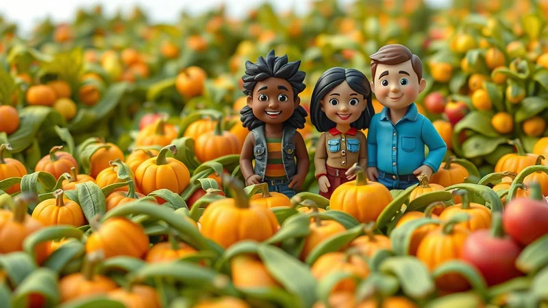 Three cartoon children stand in a pumpkin patch with many small pumpkins and green vines surrounding them.