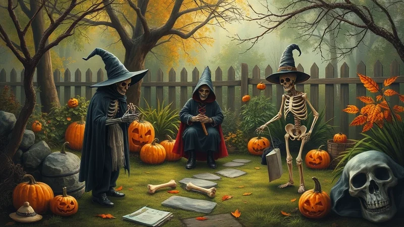 Three skeletons in witch hats and robes are gathered in a yard decorated with pumpkins and bones, with a large skull in the foreground, creating a spooky Halloween scene.
