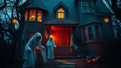 Two figures in white ghost costumes stand in front of a dark, spooky house with glowing windows and a red-lit doorway, decorated for Halloween with pumpkins on the lawn.