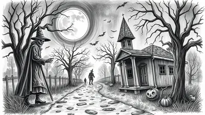A spooky Halloween scene with a skeletal figure in a witch's hat and cloak standing on a cobblestone path leading to a small church. The full moon is visible in the sky, along with bats, bare trees, and jack-o'-lanterns.