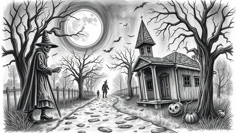 A spooky Halloween scene with a skeletal figure in a witch's hat and cloak standing on a cobblestone path leading to a small church. The full moon is visible in the sky, along with bats, bare trees, and jack-o'-lanterns.