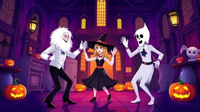 Three cartoon characters in a spooky, purple-hued haunted mansion decorated for Halloween. A girl dressed as a witch in the center is flanked by a man with wild white hair and a ghost-like figure, all appearing to dance.