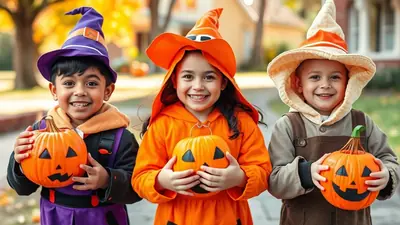 Three smiling children in Halloween costumes, each holding a carved pumpkin, stand together outdoors on a sunny autumn day.