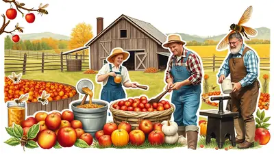 Three farmers in overalls and straw hats are harvesting apples in front of a rustic barn. One farmer is pouring apple cider into a bucket, another is stirring apples in a basket, and the third is holding a jar. Bees are flying around the scene, and there are piles of apples and pumpkins scattered around the farmyard.