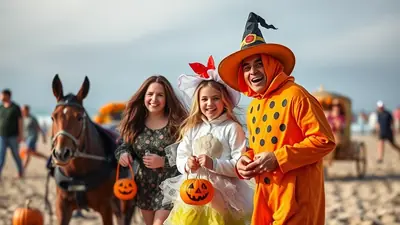 A family dressed in Halloween costumes, including a pumpkin suit, a witch hat, and a fairy dress, are smiling on a beach with a horse and carriage in the background.