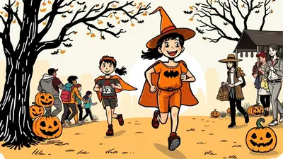 A group of children in Halloween costumes are participating in a race, with pumpkins and bats decorating the scene. The main focus is on two girls running towards the viewer, one dressed as a witch and the other in a Batman-themed costume.