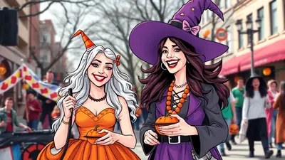 Two cartoon women dressed as witches are smiling and holding pumpkins on a street decorated for Halloween. The woman on the left has white hair and an orange witch hat, while the woman on the right has dark hair and a purple witch hat.