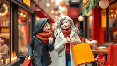 Two cartoon-style women with large eyes and smiling faces are walking down a street lined with shops, carrying shopping bags. The woman on the left wears a dark coat and an orange scarf, while the woman on the right wears a white coat and an orange turtleneck. The scene appears festive, possibly during the holiday season, with decorative lights and garlands visible in the background.