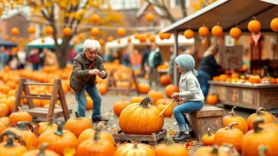 An elderly person and a young person with blue hair are at a pumpkin patch, with the elderly person holding a small object and the young person sitting on a crate and poking a large pumpkin with a stick.