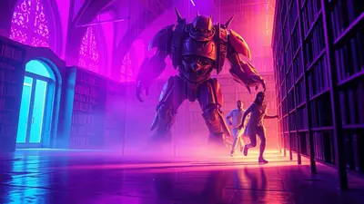 A giant, menacing robot looms over two people running through a dimly lit library with purple and blue lighting. The robot is heavily armored and appears to be made of metal, with sharp spikes on its head and shoulders. The people are dressed in casual clothing and are looking back at the robot in fear as they try to escape. The library shelves are filled with books, and the overall atmosphere is eerie and suspenseful.