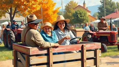 Three people, two women and one man, wearing hats, ride in a wooden wagon pulled by a tractor. The man and one woman are in the front of the wagon, and the other woman is in the driver's seat of the tractor. They are all smiling and appear to be at a fall festival or farm event, with colorful autumn trees in the background.