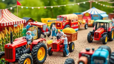 A miniature scene depicts a rural fair with toy tractors, circus tents, and corn stalks, featuring tiny figures interacting with the farm equipment.